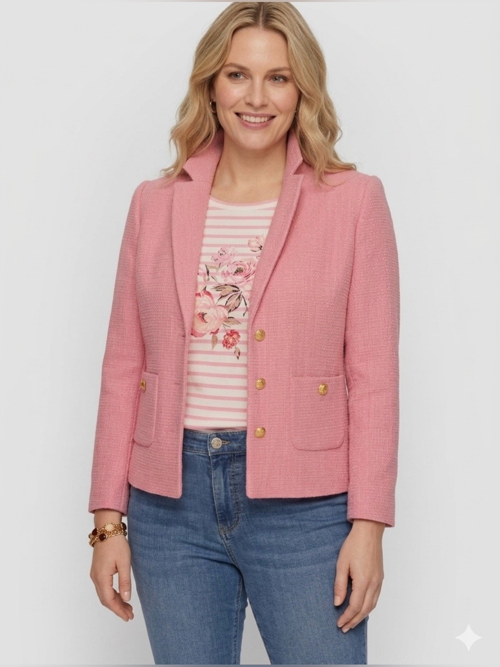 Talbots Pink Tweed Knit Blazer Jacket Coat Sz 14 Textured Chic Gold Crest Button